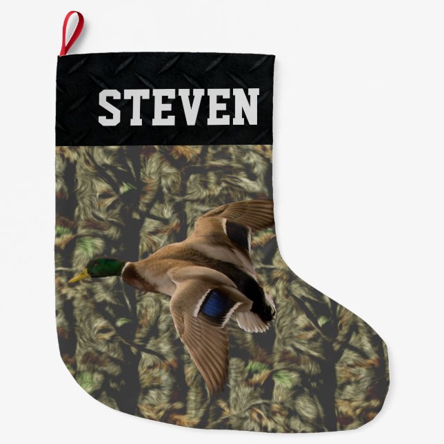 Duck Hunting Camo Men's Mallard Sports Name Large Christmas Stocking (Front)
