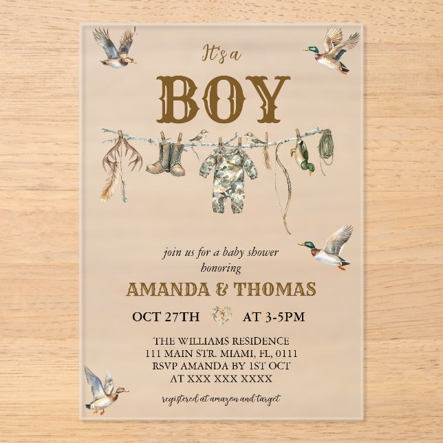 Duck Hunting It's a Boy Baby Shower  Acrylic Invitations (Front)