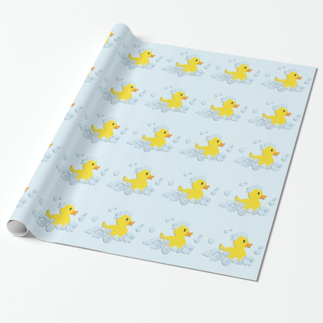 Duck in Blue Bubbles Baby Shower Wrapping Paper (Unrolled)