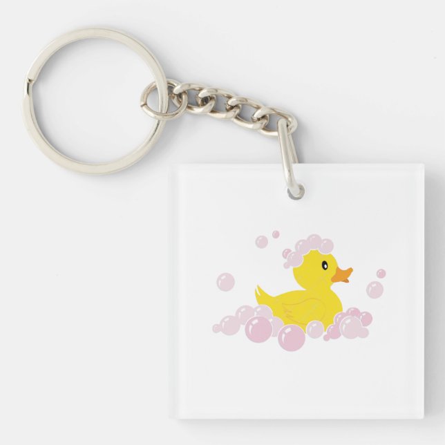 Duck in Pink Bubbles Key Ring (Front)