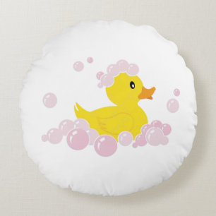 Duck in Pink Bubbles Round Cushion
