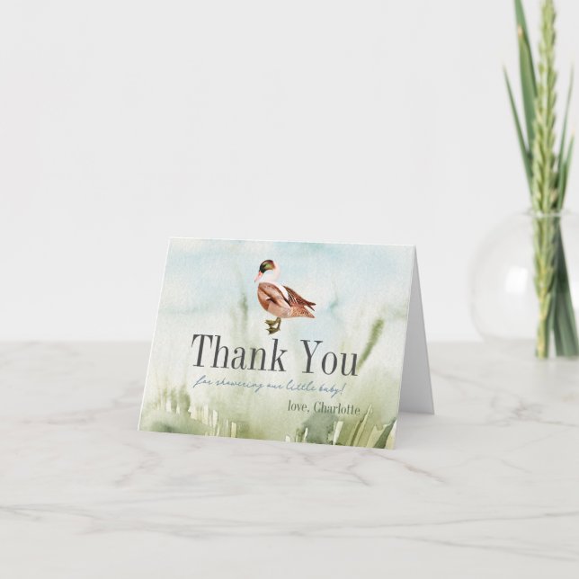 Duck/Mallard Watercolor Field Boy Baby Shower Thank You Card (Front)