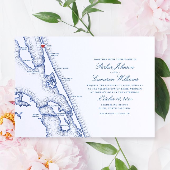 Duck NC Map Elegant Navy Blue Wedding Invitation (Duck NC Wedding Invitation for an elegant navy blue Outer Banks Wedding by Coastal Map Designs)
