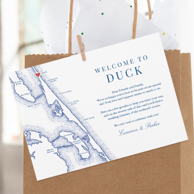 Duck NC Outer Banks Navy Wedding Welcome Itinerary Thank You Card (Duck NC Wedding Welcome Letter Itinerary for an elegant navy blue Outer Banks Wedding)