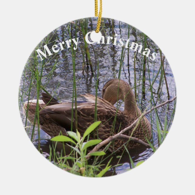 Duck Preening in the Reeds Ceramic Tree Decoration (Front)