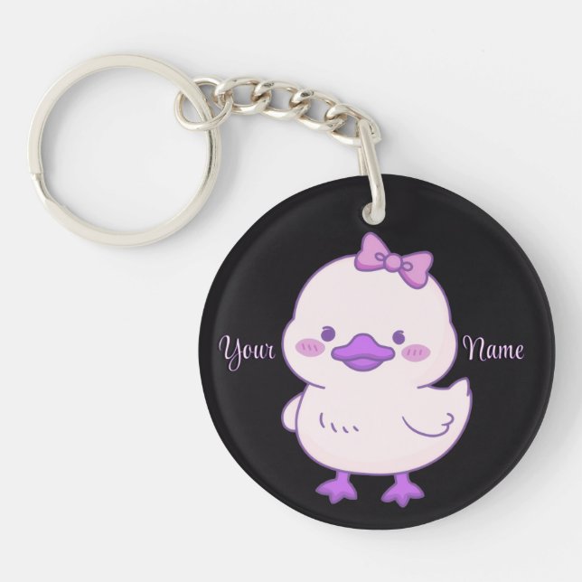 Duck Purple Bow Cute Kawaii Black Custom  Key Ring (Front)