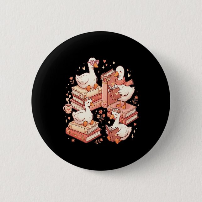 Duck Reading Books Librarian Valentine Teacher Val 6 Cm Round Badge (Front)