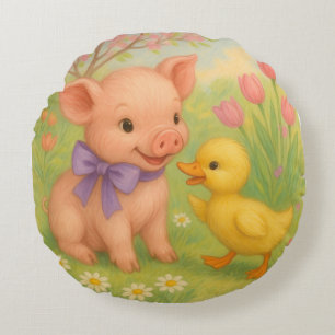  Duckling and Piglet with Purple Bow, Watercolor b Round Cushion