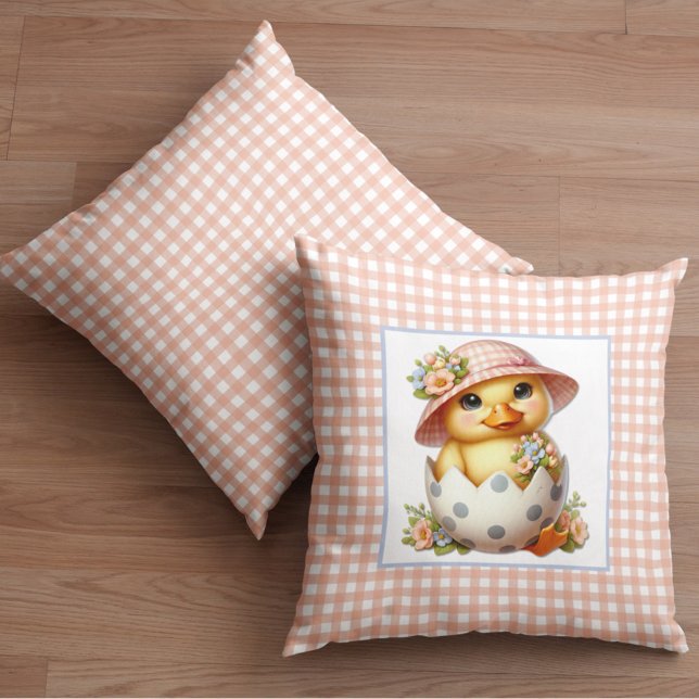 Duckling Chick in Easter Egg on Pink Gingham Plaid Cushion (Creator Uploaded)