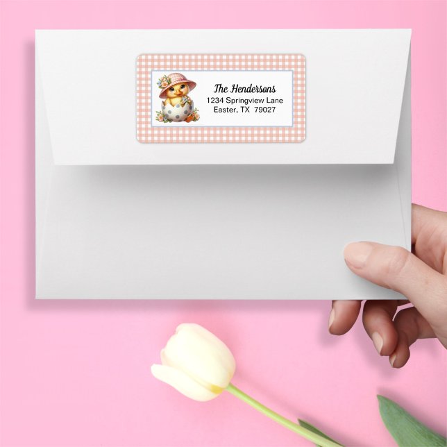 Duckling Chick in Easter Egg on Pink Gingham Plaid Label (Creator Uploaded)