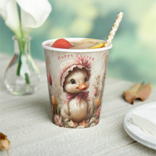 Duckling Easter Pink Bonnet Tulips Daisies Paper Cups