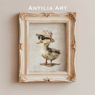 Duckling in Floral Hat & Sunglasses Painting Duck Poster