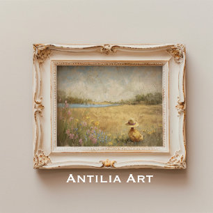 Duckling in Hat Painting Rustic Lake Landscape  Poster