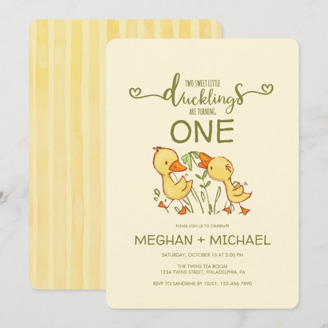 Duckling Twins First Birthday Invitation (Front/Back)