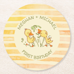 Duckling Twins First Birthday Party Round Paper Coaster