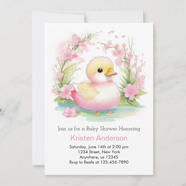 Duckling Whimsical Pink Floral Girl Baby Shower Invitation (Front)