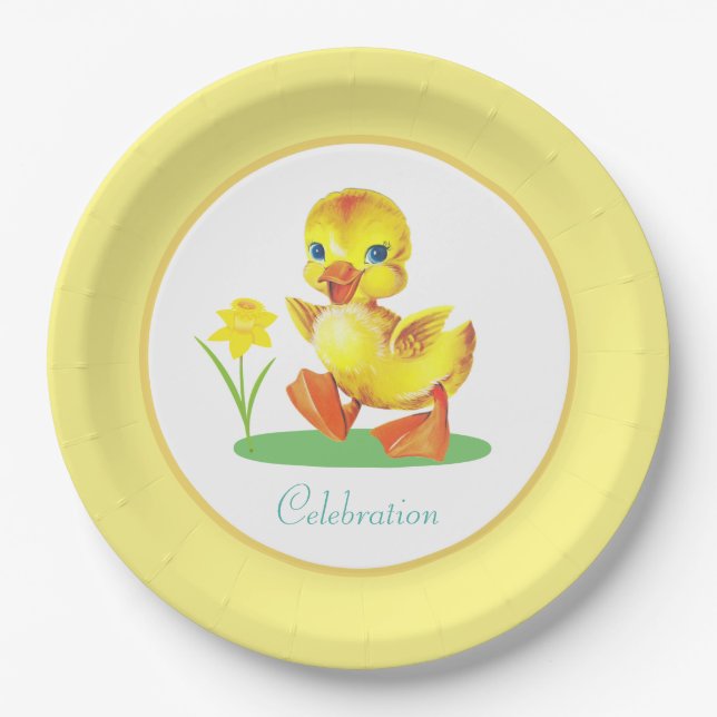 Duckling with Flower on Yellow & White Paper Plate (Front)