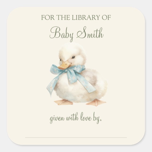 Duckling with Ribbon Baby Shower Book Plate Square Sticker (Front)