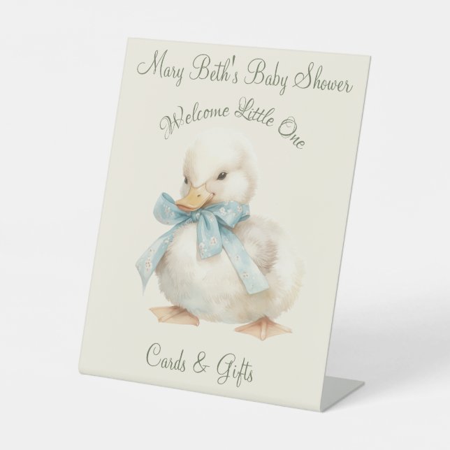 Duckling with Ribbon Baby Shower Cards & Gifts Pedestal Sign (Front)