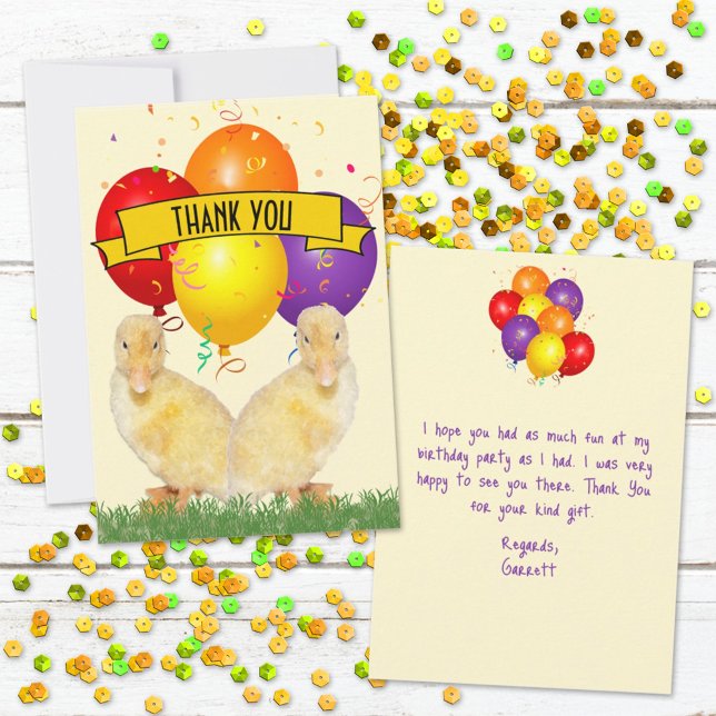 Ducklings Colourful Balloons Children's Birthday Thank You Card (Send a thank you to all your guests who attended the birthday party with this cute flat card.  )