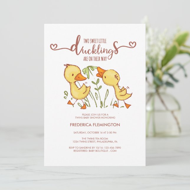 Ducklings Twins Baby Shower Invitation (Standing Front)