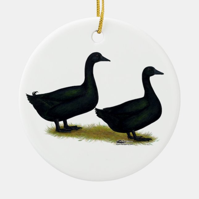 Ducks:  Black Cayugas Ceramic Tree Decoration (Front)