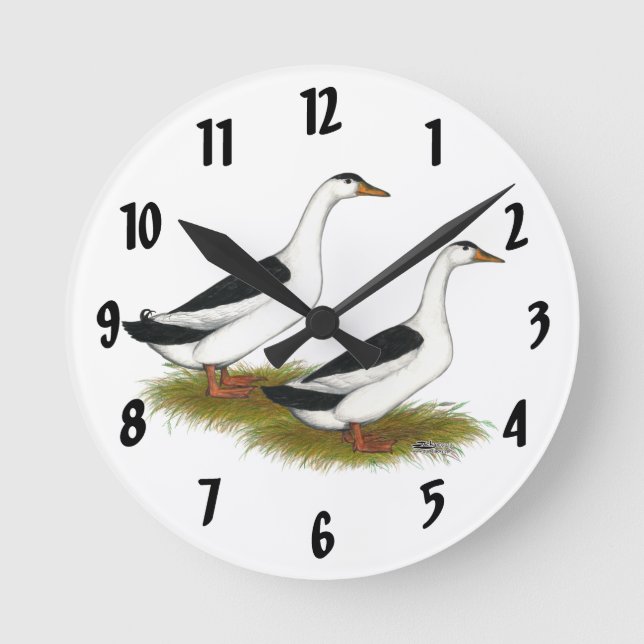 Ducks:  Black Magpies Round Clock (Front)