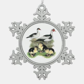 Ducks Black Pied Muscovy Family Snowflake Pewter Christmas Ornament