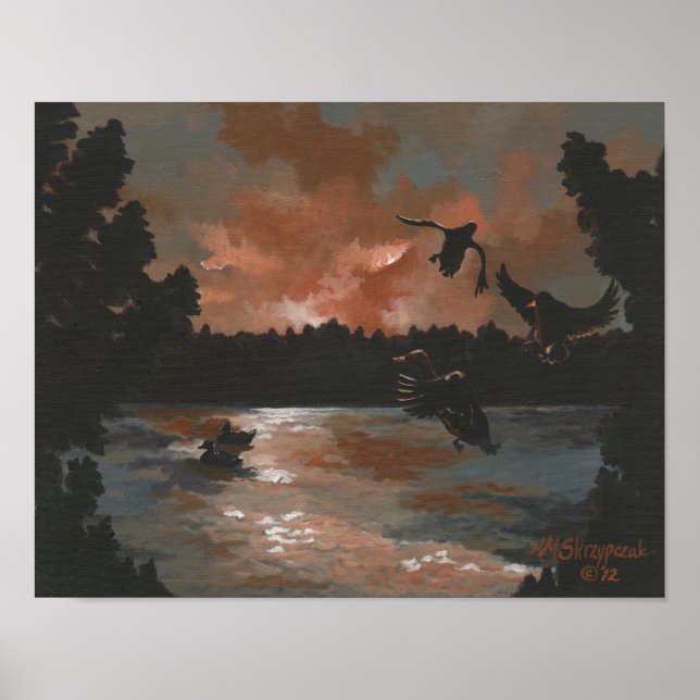 Ducks Flying In Pond At Sunset Poster (Front)
