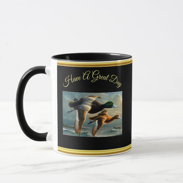 Ducks flying over the sea With a small boat below Mug (Left)