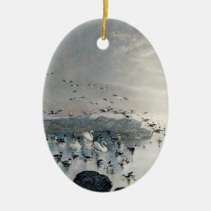 Ducks, Mallards and Swans on the lake at sunset Ceramic Tree Decoration