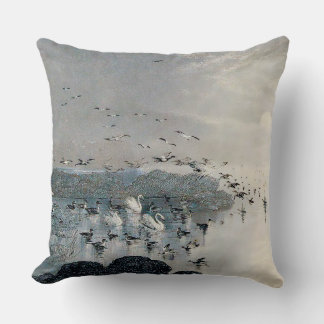 Ducks, Mallards and Swans on the lake at sunset Cushion