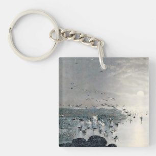 Ducks, Mallards and Swans on the lake at sunset Key Ring