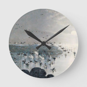 Ducks, Mallards and Swans on the lake at sunset Round Clock