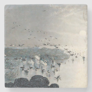 Ducks, Mallards and Swans on the lake at sunset Stone Coaster