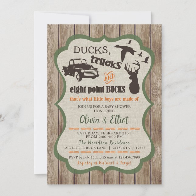 Ducks, Trucks, & Eight Point Bucks Deer Baby Boy Invitation (Front)