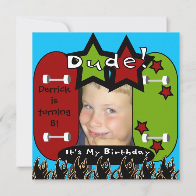 Dude Skateboarding Birthday Invitation (Front)