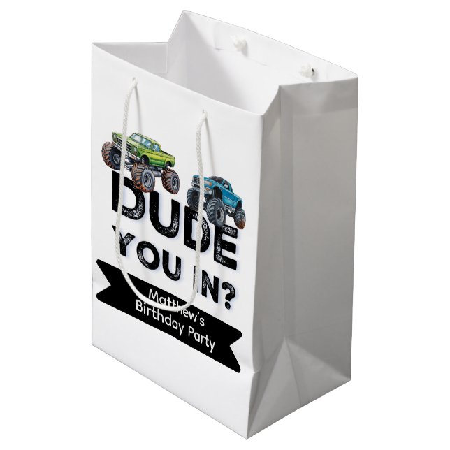 Dude You In? Black Text Truck Boy Birthday Party Medium Gift Bag (Front Angled)