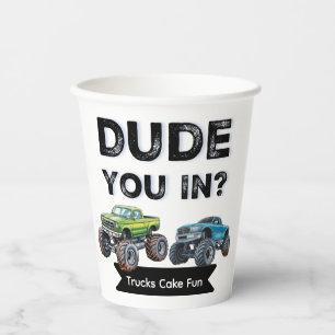 Dude You In? Black typography Boy Birthday Party Paper Cups