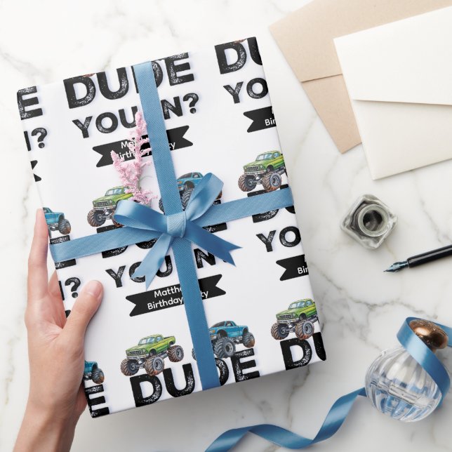Dude You In? Black typography Boy Birthday Party Wrapping Paper (Gifting)