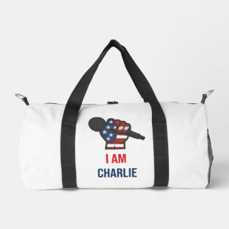 duffel bag with phrase "I am Charlie"