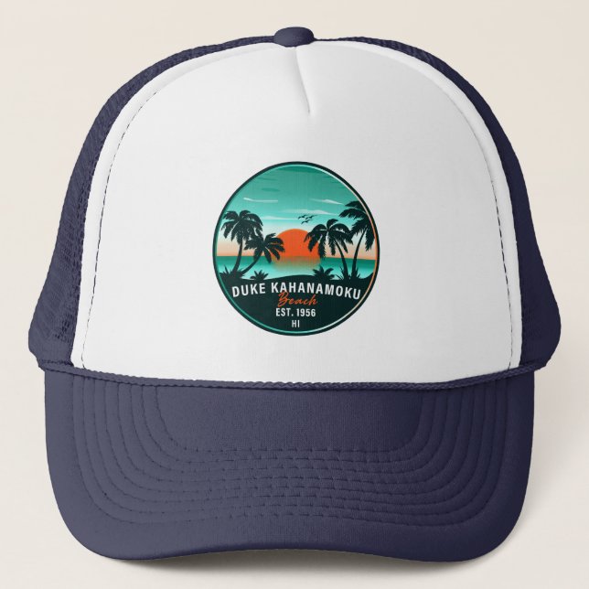 Duke Kahanamoku Beach Hawaii Retro Sunset Souvenir Trucker Hat (Front)