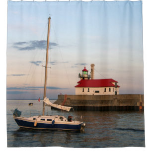 Duluth Harbour South Pier Light Boat shower curtai Curtain