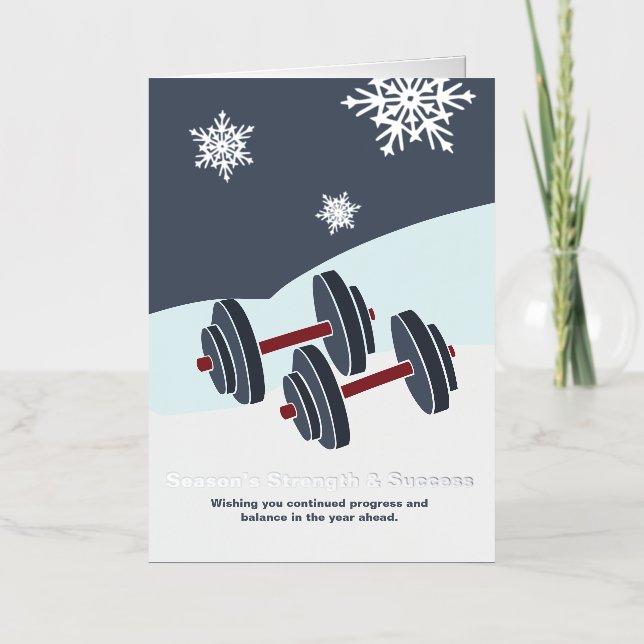 Dumbbell Season's Strength & Success Grey & White Foil Greeting Card (Front)