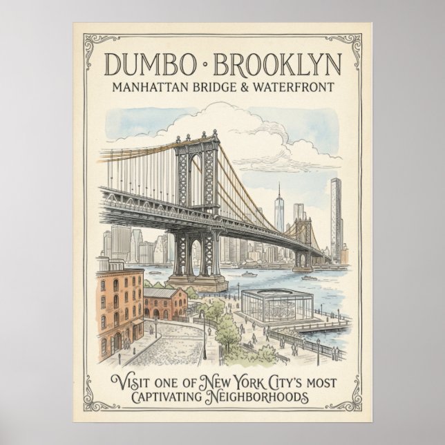 Dumbo Waterfront Sketch Brooklyn Poster (Front)