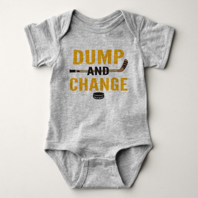 Dump and Change Hockey Baby Black and Gold Sticks Bodysuit (Front)