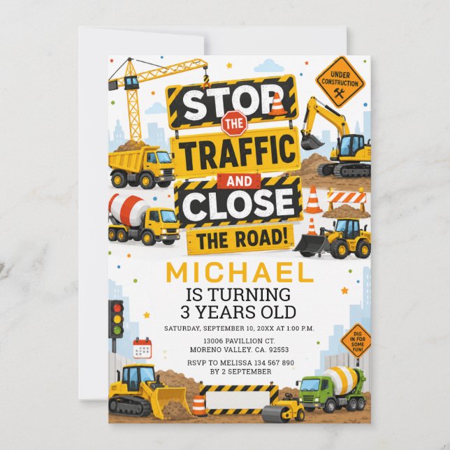 Dump Construction Stop the Traffic Work birthday  Invitation (Front)