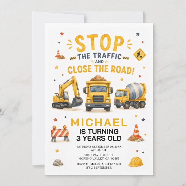 Dump Construction Stop the Traffic Work birthday  Invitation (Front)