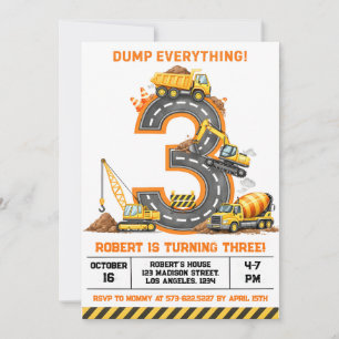 Dump Everything Construction Truck 3rd Birthday Invitation