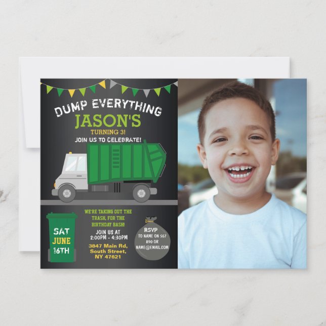 Dump Everything Fun Rubbish Truck Birthday Photo Invitation (Front)